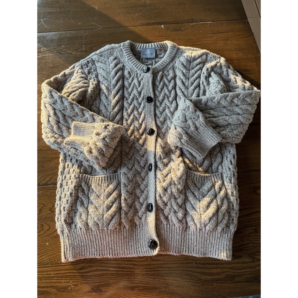 Aran Woollen Mills Ireland Merino Wool Cable Cardigan Grey Women's Medium Flaw